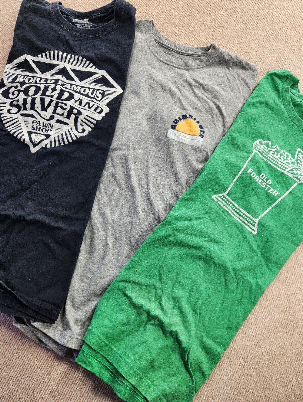 Lot of T-Shirts Men's L Graphic Quiksilver Surf Old Forester Gold & Silver Pawn